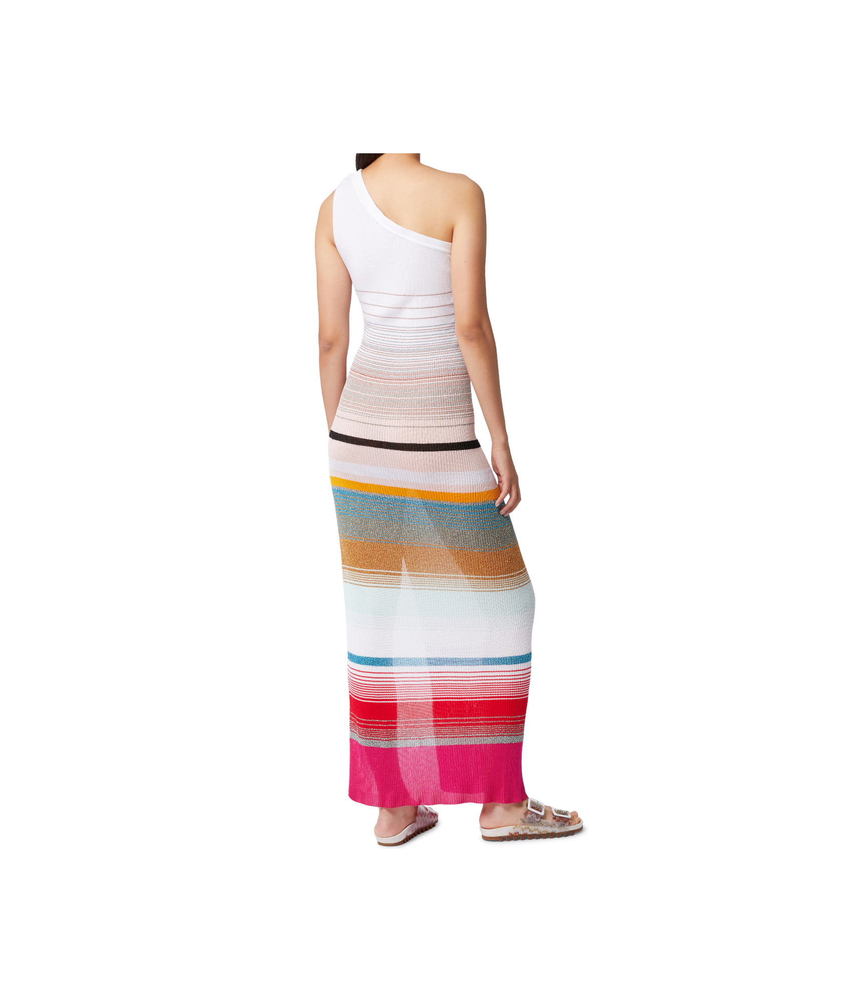 Shop Missoni One-shoulder Dress In Striped Ribbed Knit With Lurex In Multicolor
