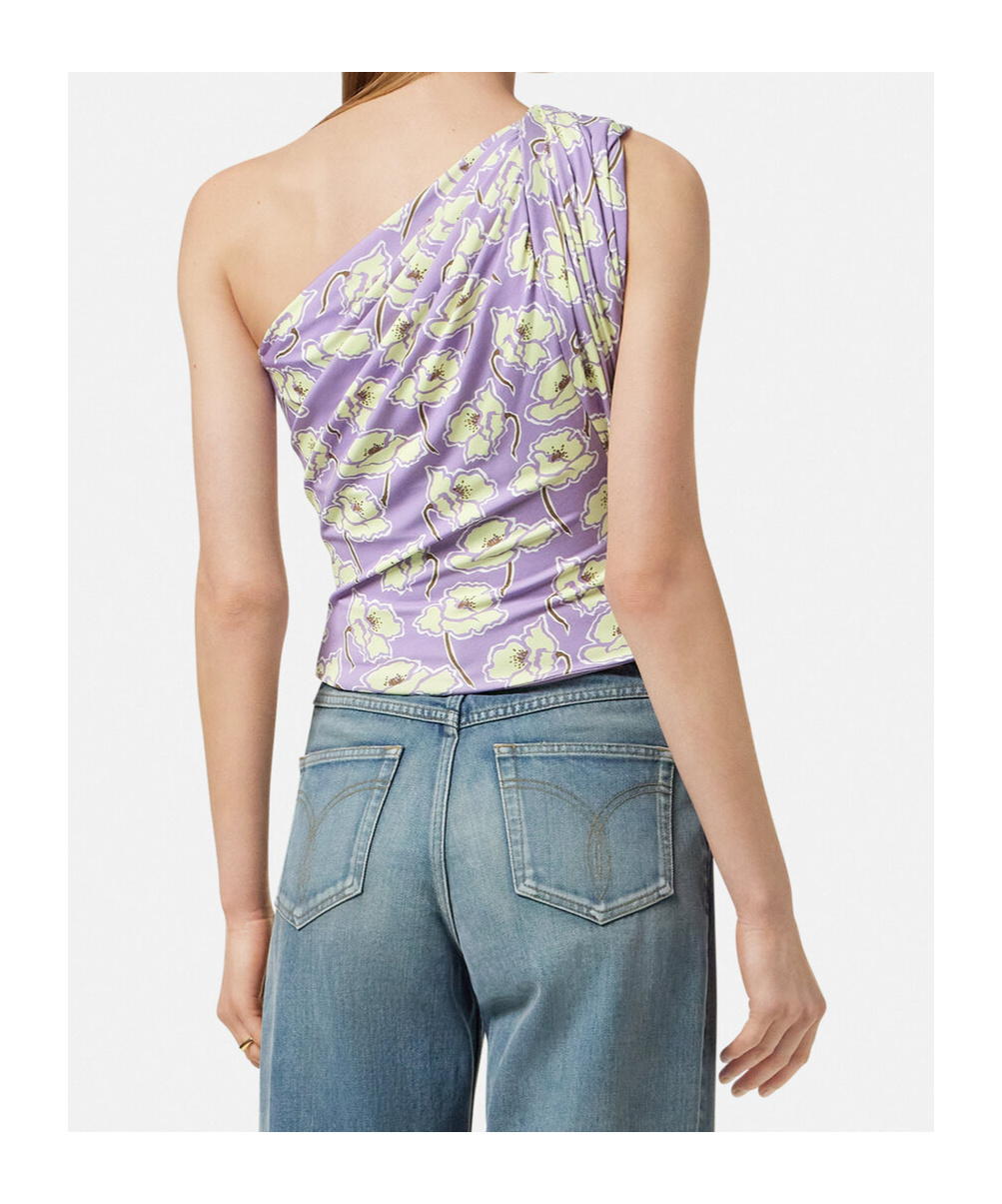 Versace One-shoulder Floral Print Top In Purple