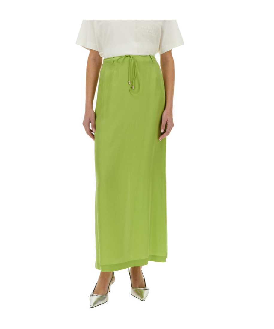 Alysi Silk Ankle Skirt Drawstring Waist Slit In Green