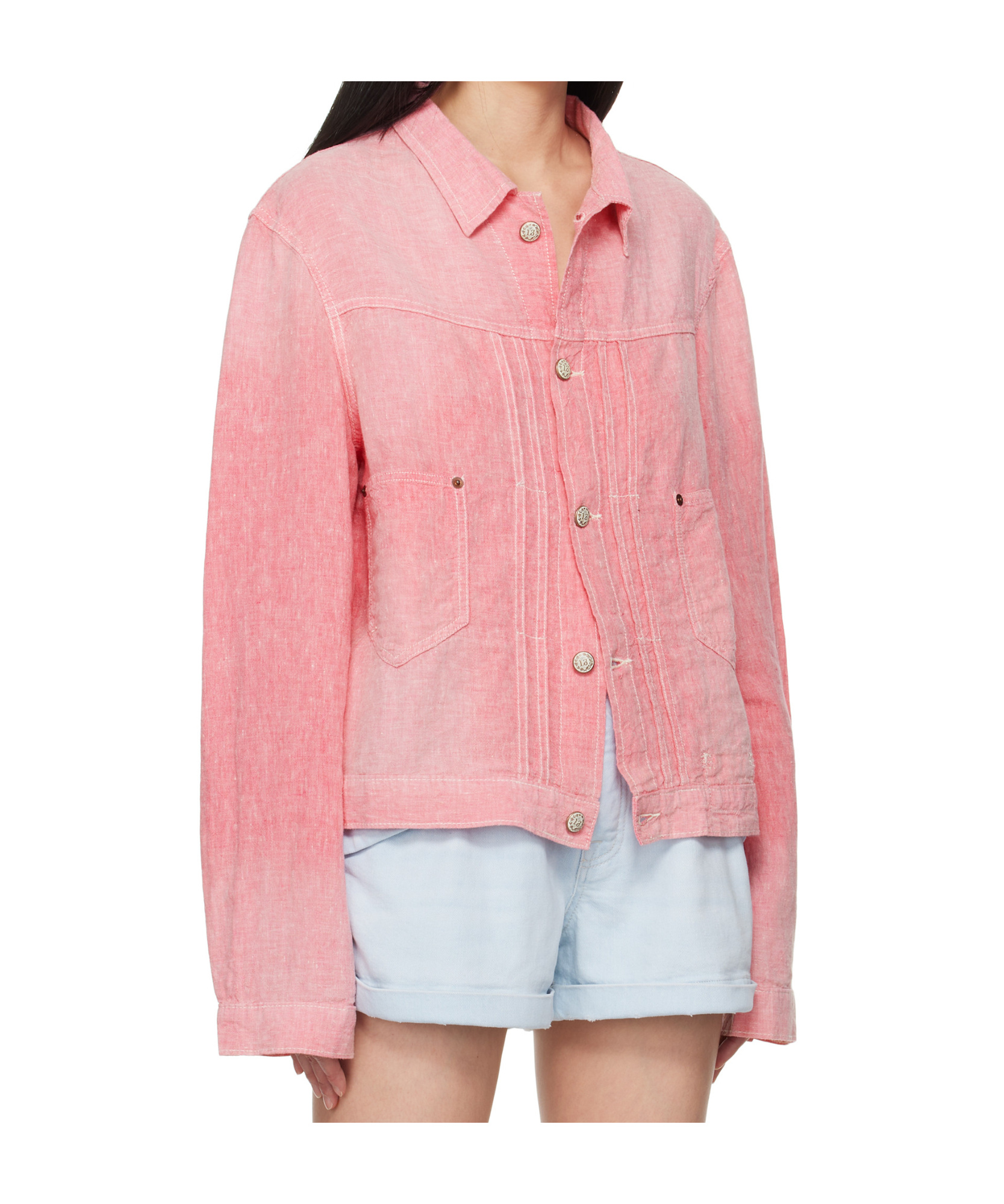 R13 Long Sleeve Casual Jacket In Coral Linen Chambray