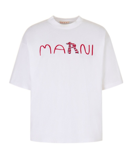 Marni Cotton T-shirt With Flocked Animal Alphabet Logo In White