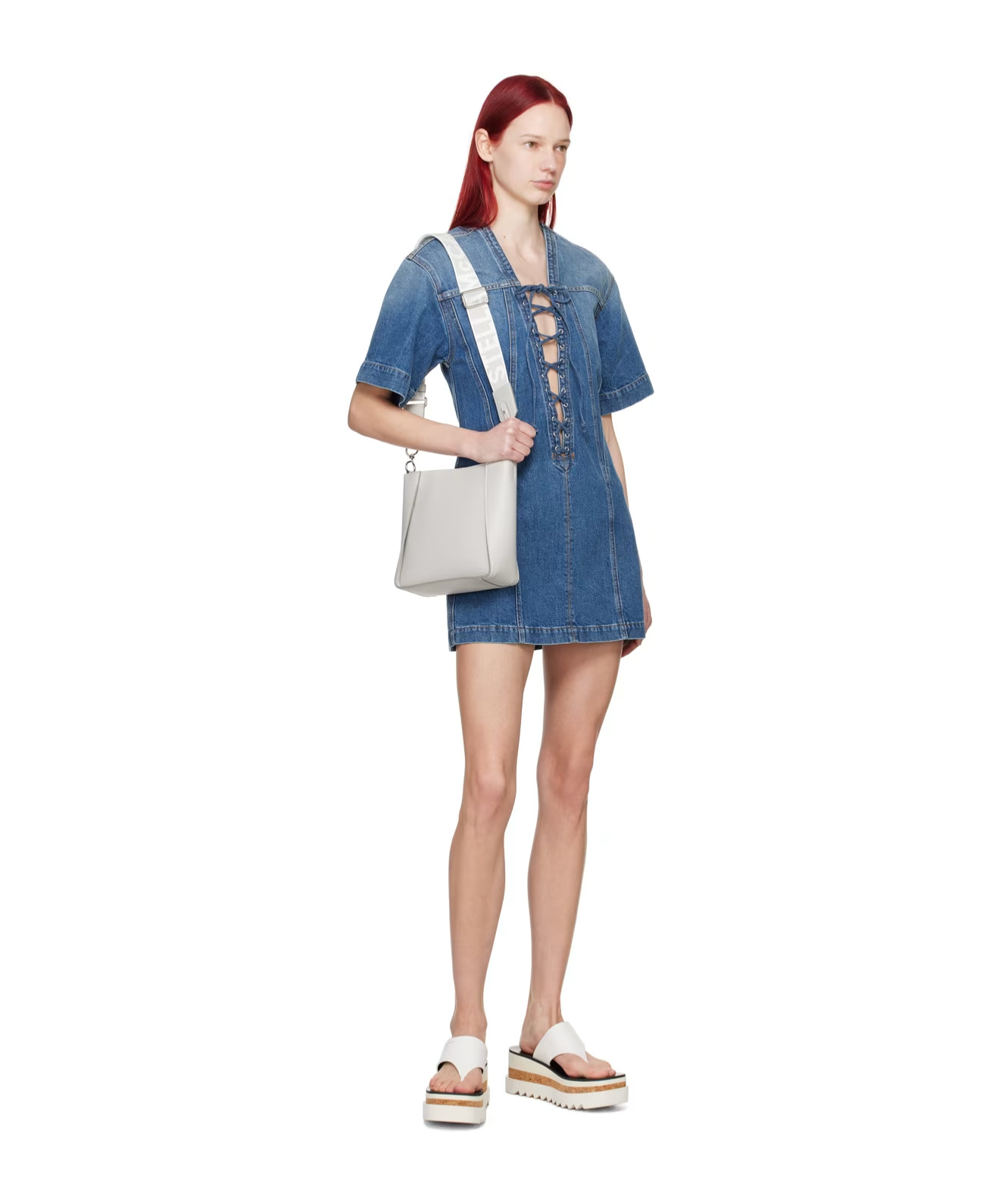 Shop Stella Mccartney Lace-up Short-sleeved Dress In Blue