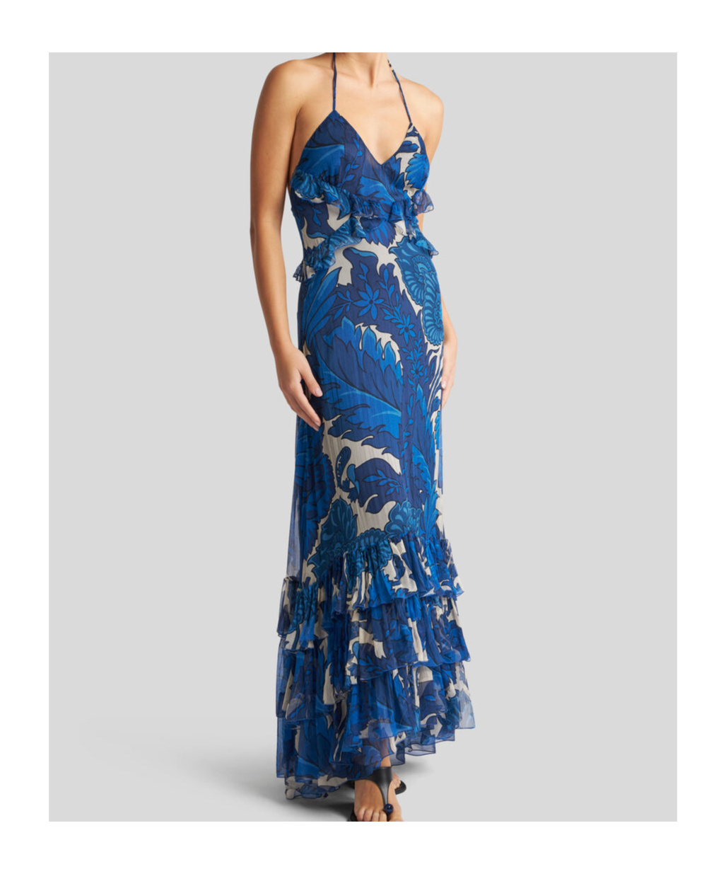Etro Dress With Maxi Floral Print And Detachable Cape In Electric Blue