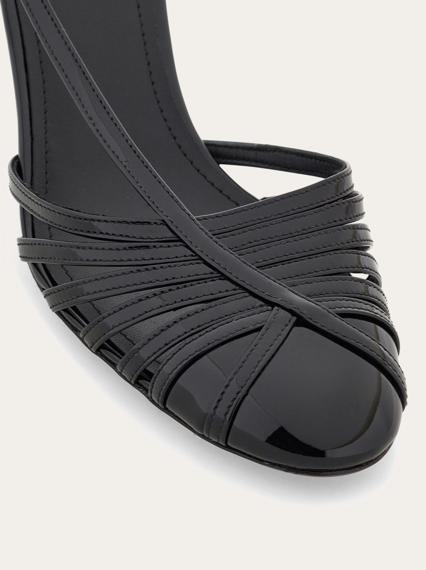 Ferragamo Glossy Strappy Pumps With Patent Accents In Black