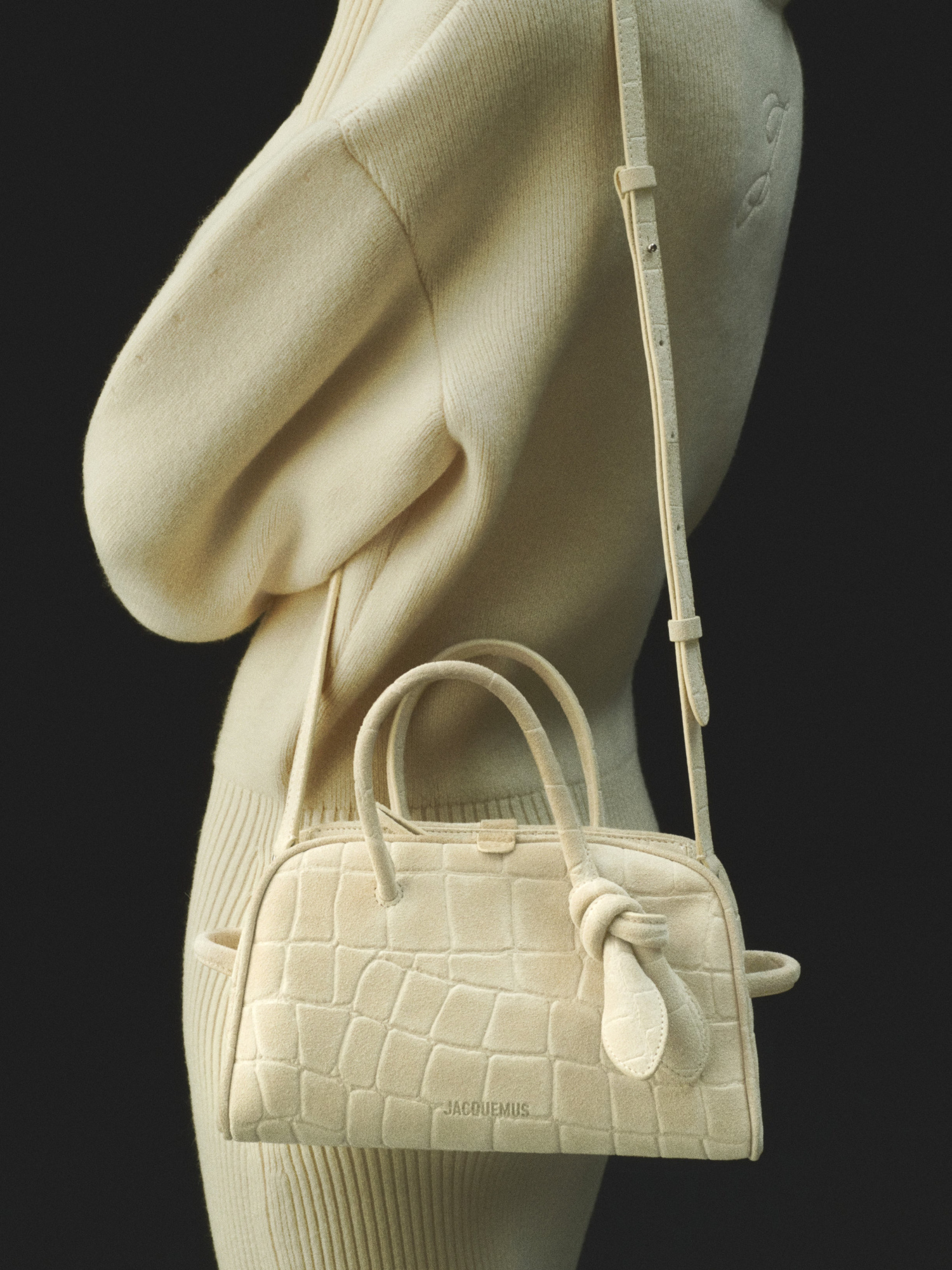 Jacquemus Croc-embossed Leather Shoulder Bag With Knotted Handle In Neutral
