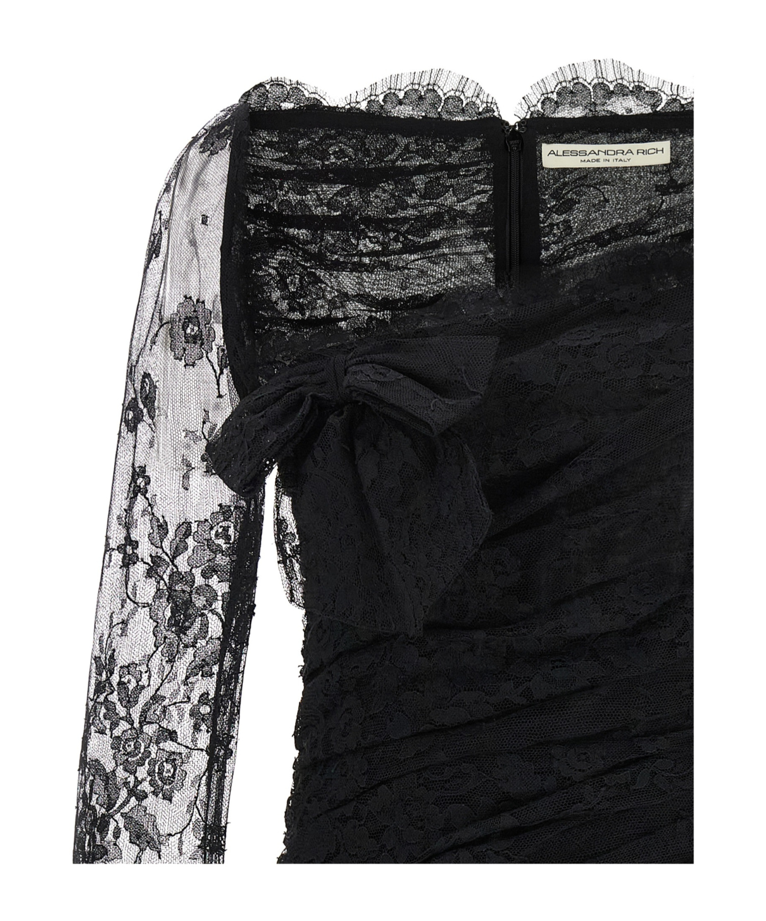 Alessandra Rich Draped Lace Mini Dress With Plunging Neckline In Black