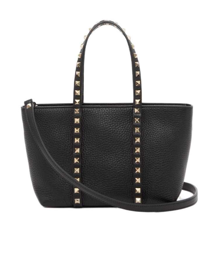 Valentino Garavani Rockstud Mini Tote In Hammered Leather In Black
