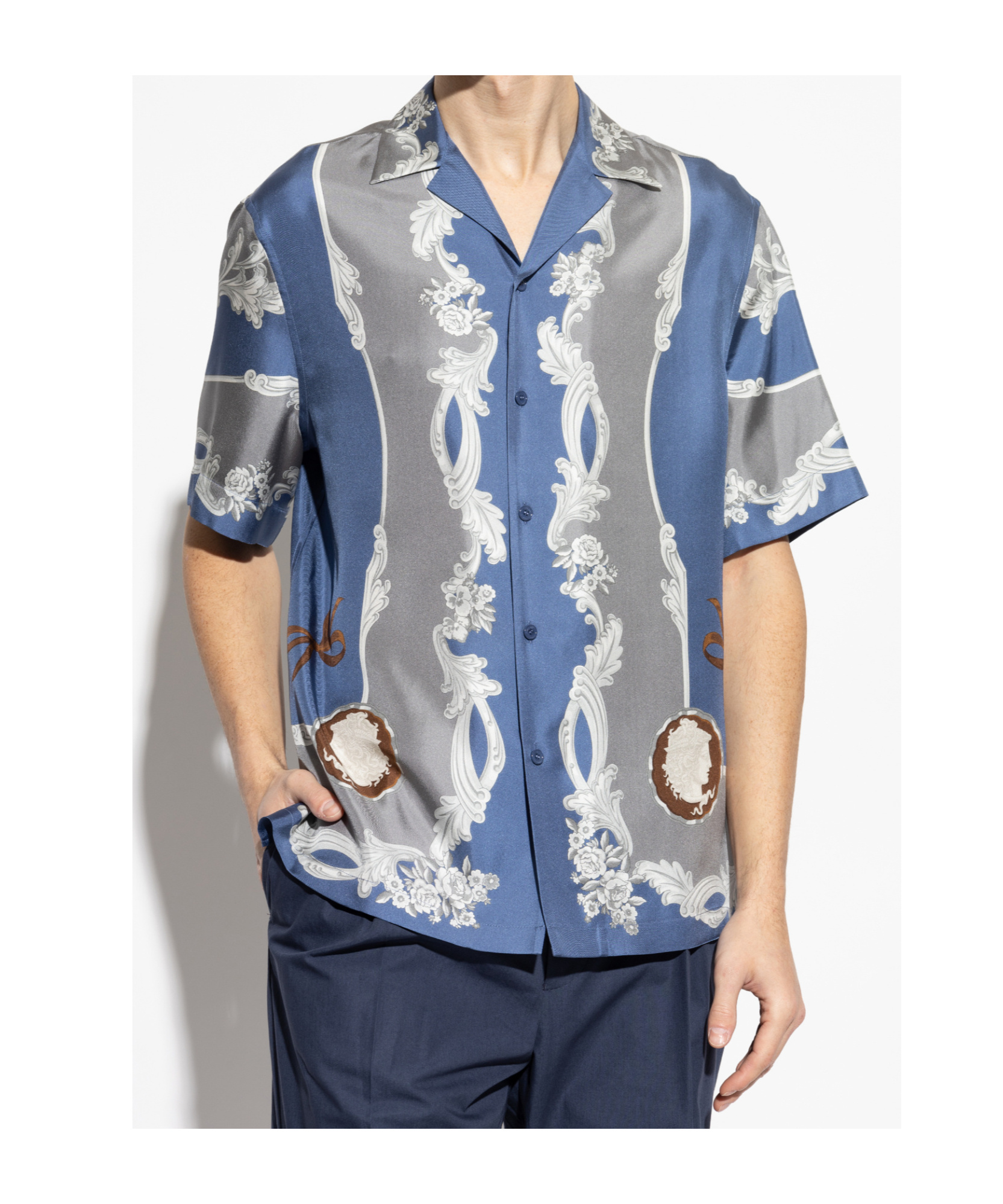 Versace Camp-collar Printed Silk-twill Shirt In Blue