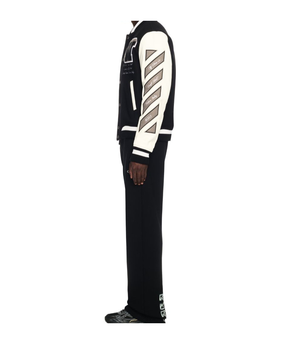 Off-white Leather And Wool Varsity Bomber In Black