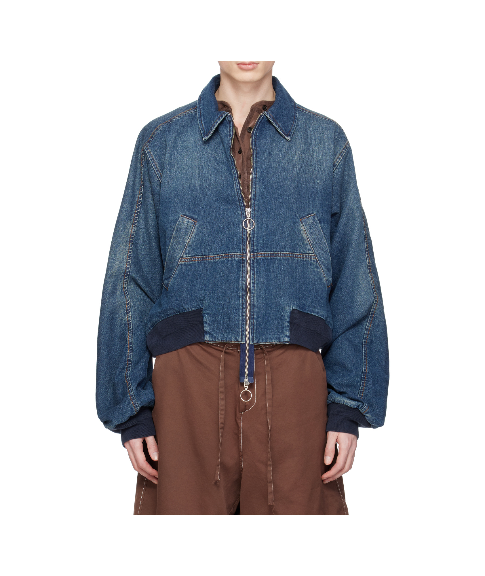 Edward Cuming Blue Bottom Heavy Denim Bomber Jacket In Blue