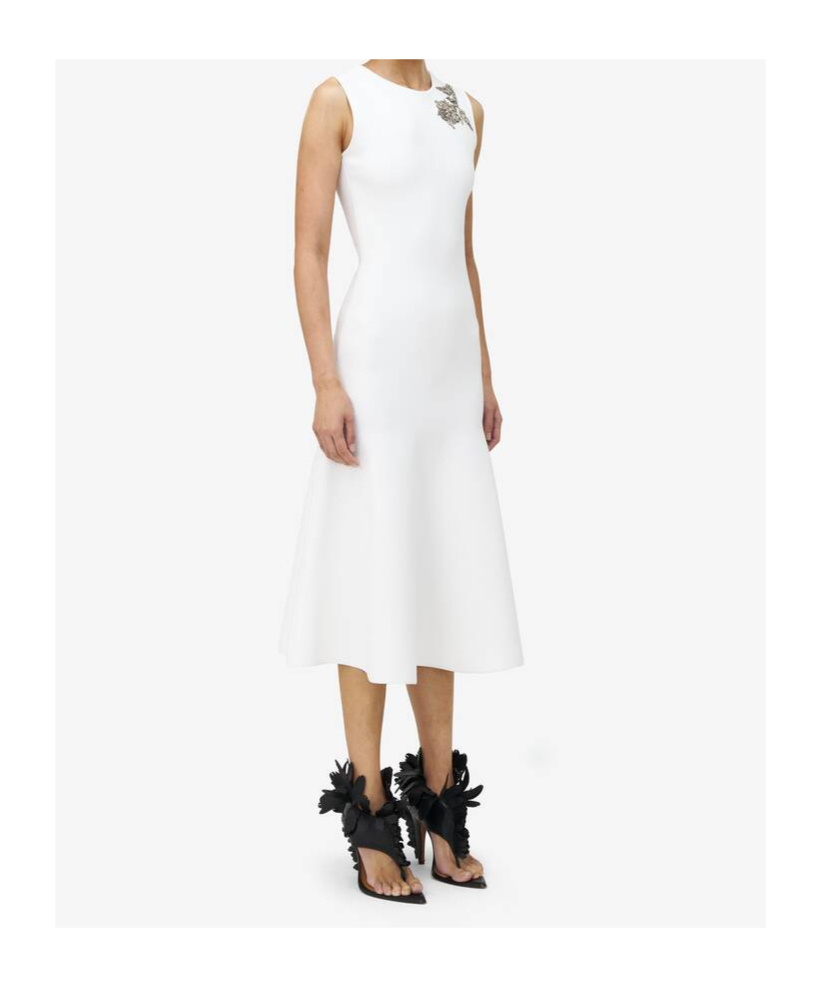 Alexander Mcqueen Mcqueen Banshee Embroidery A-line Midi Dress In Optical White