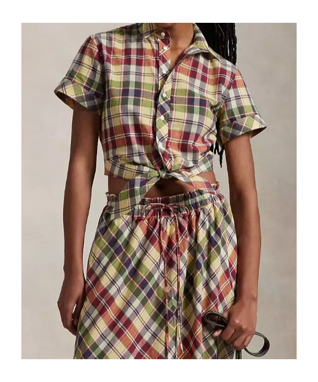 Shop Polo Ralph Lauren Cropped Plaid Tie-front Top In Multicolor