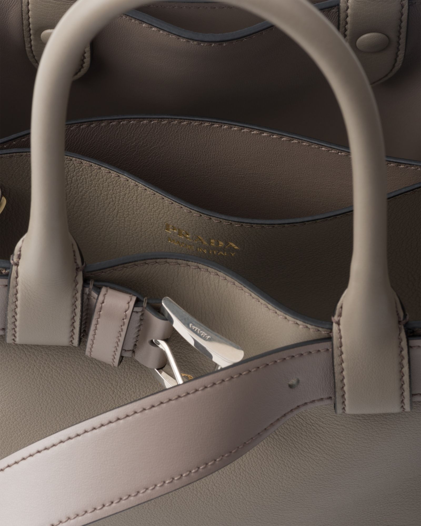 Prada Re-nylon And Leather Medium Top-handle Bag With Padlock In Muddy Gray