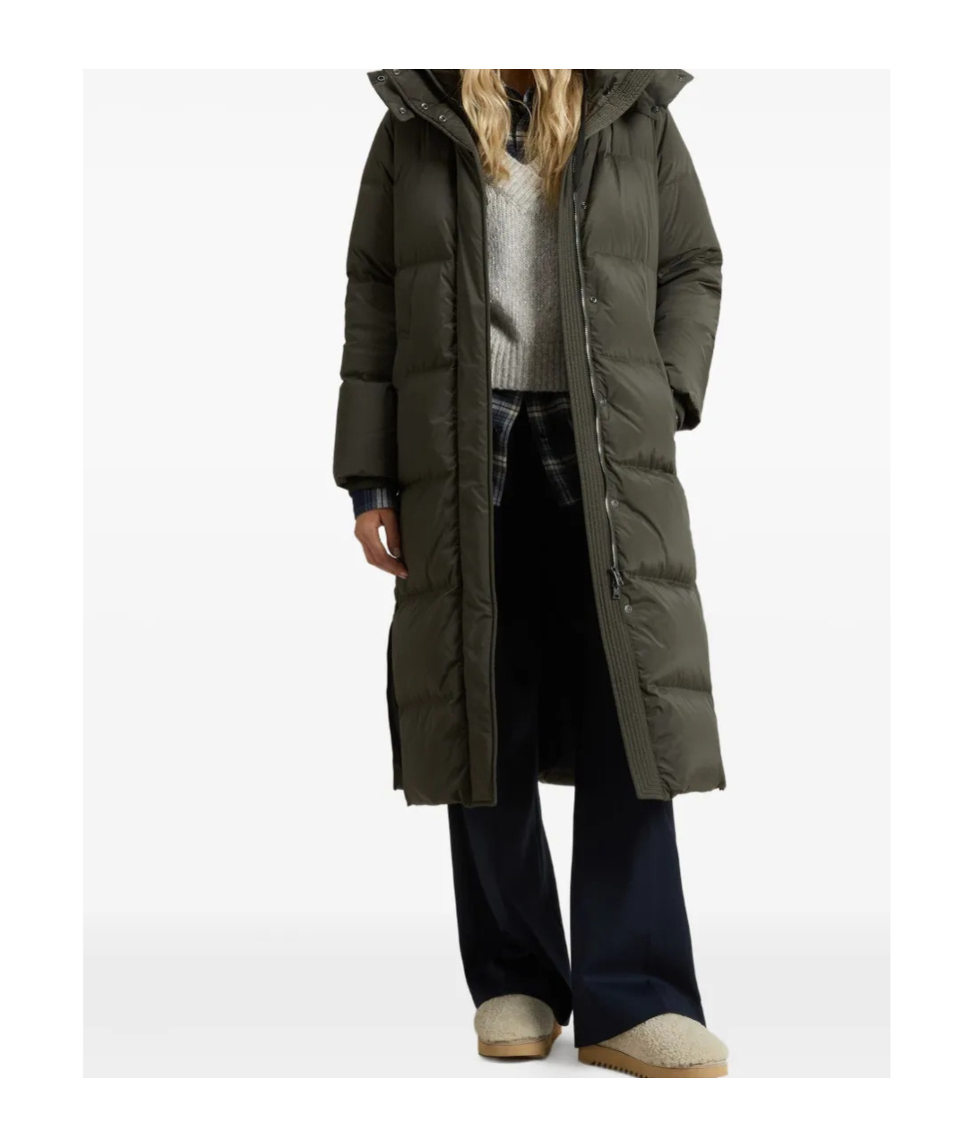 Woolrich Long Hooded Quilted Coat Front Pockets In Brown