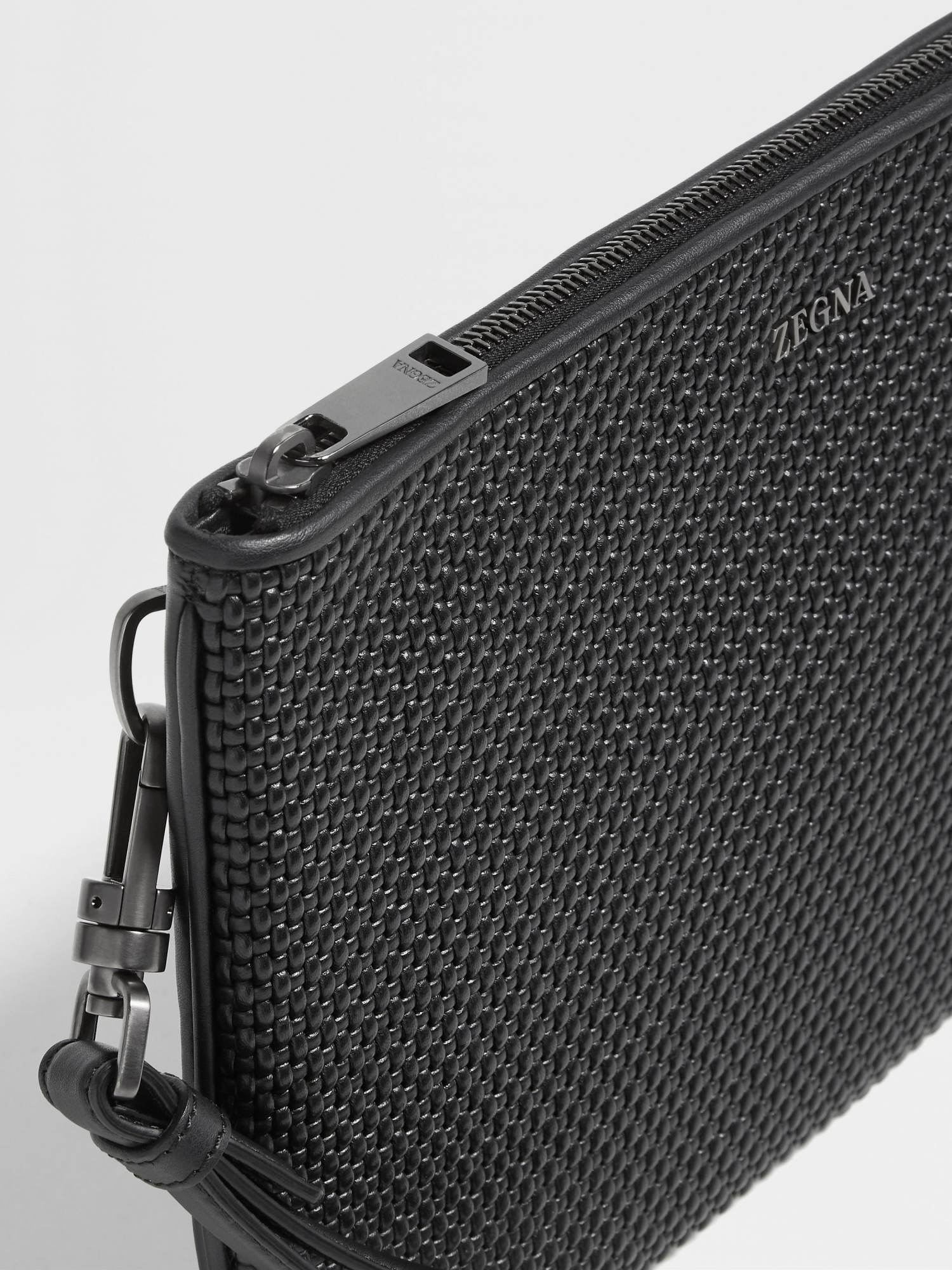 Zegna Z Logo Lettering Woven Zipped Pouch In Black
