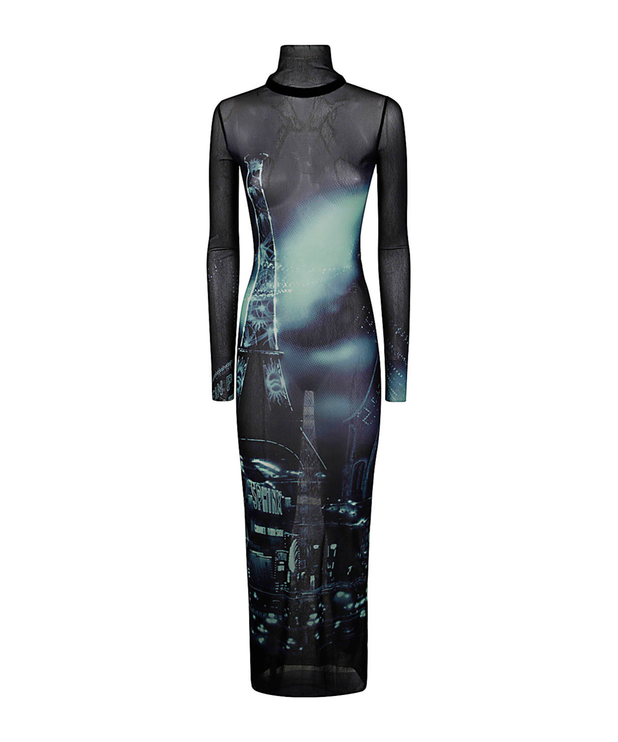 Jean Paul Gaultier Turtleneck Mesh Long Dress Printed "pigalle" In Black