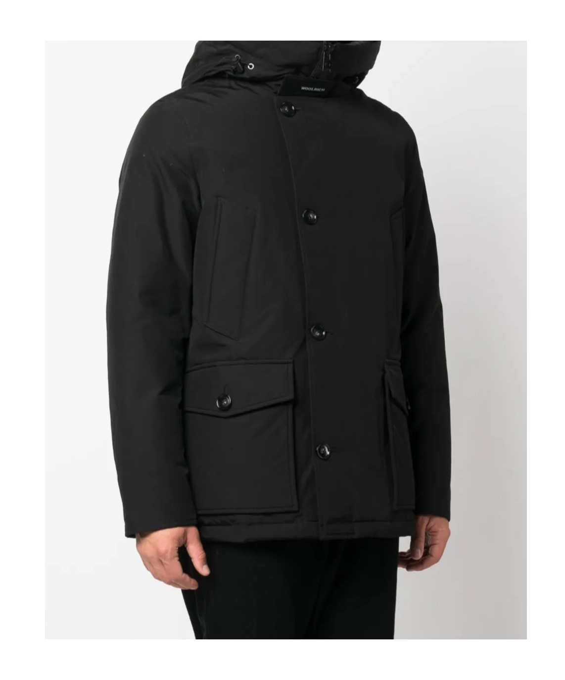 Woolrich Padded Jet Black Parka With Logo Print And Drawstring Hood In Black
