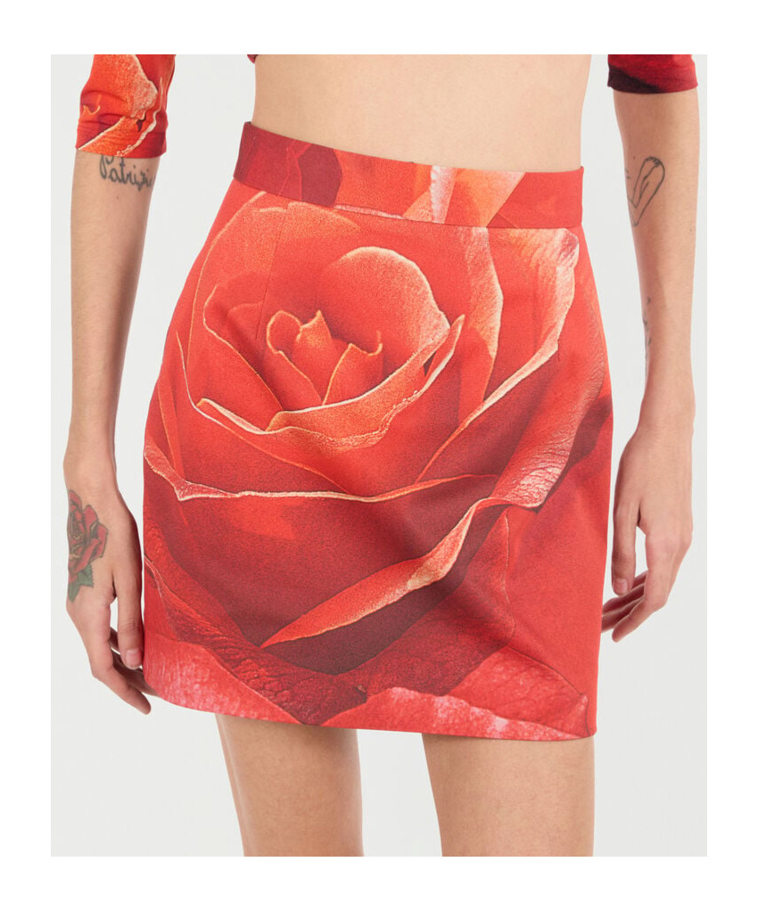 Roberto Cavalli Miniskirt With Rose Print In Red