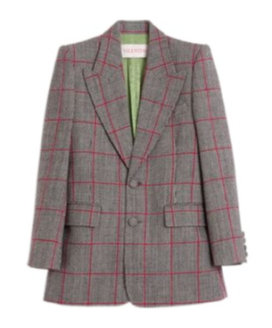 Valentino Single-breasted Wool Jacket With Check Pattern In Black/ivory White/cherry Red