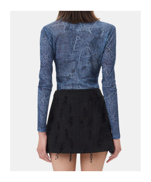 Ganni Marl Mesh Long Sleeve Crew Neck Blouse In Denim In Blue
