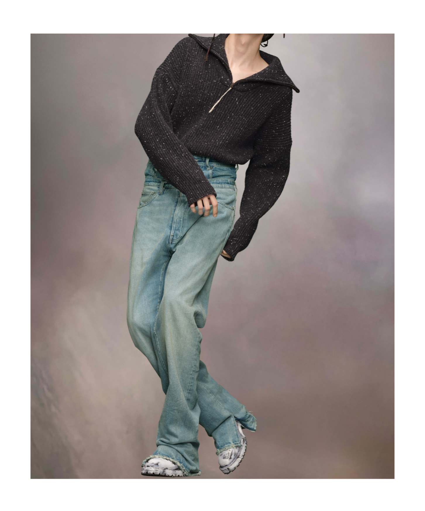 Maison Margiela Shetland Wool Zip Sweatshirt Man Charcoal In Black