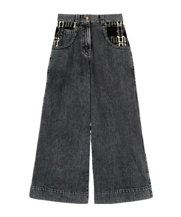 Palm Angels Monogram-pattern Wide-leg Jeans In Black
