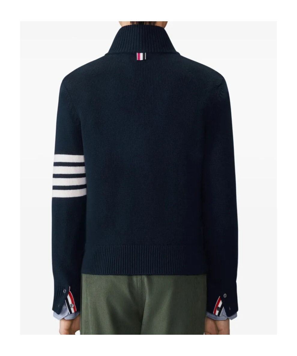Thom Browne Jersey Stitch Funnel Neck Half Zip Pullover In Merino Wool With 4 Bar Stripe In Blue