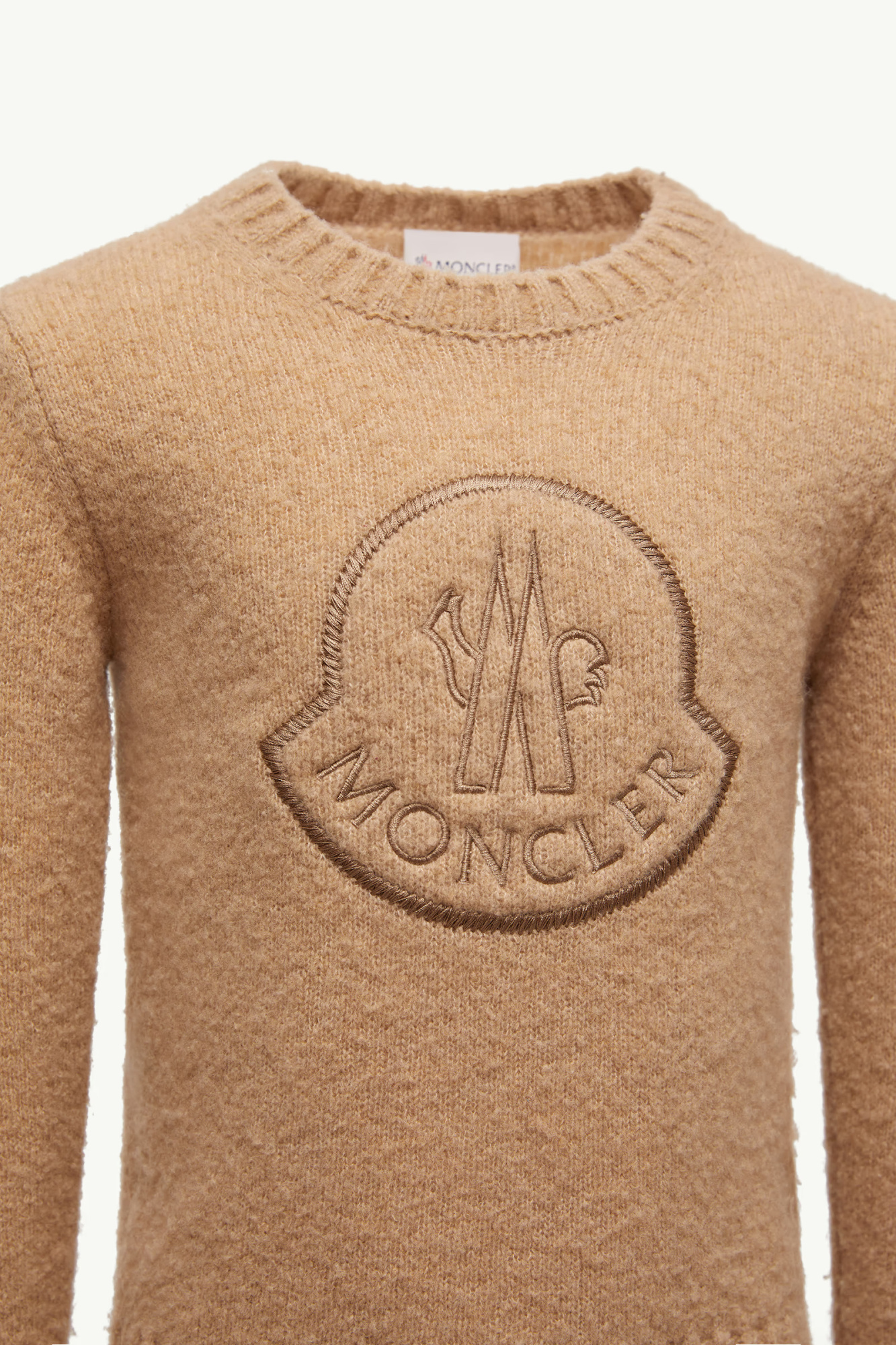 Moncler Embroidered Logo Wool Blend Jumper In Brown