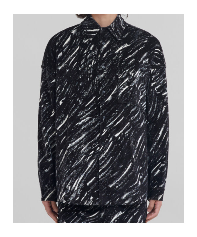 Marni Flocked Denim Oversized Shirt With Crayon Print In Black