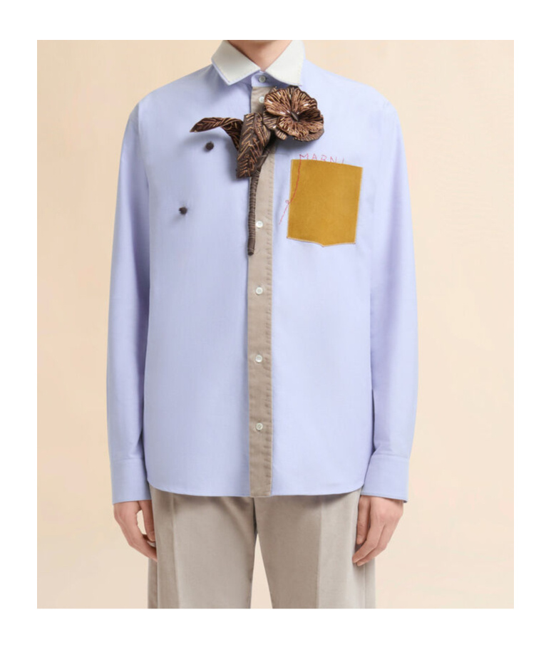 Marni Contrast-collar Embroidered-pocket Shirt In Blue