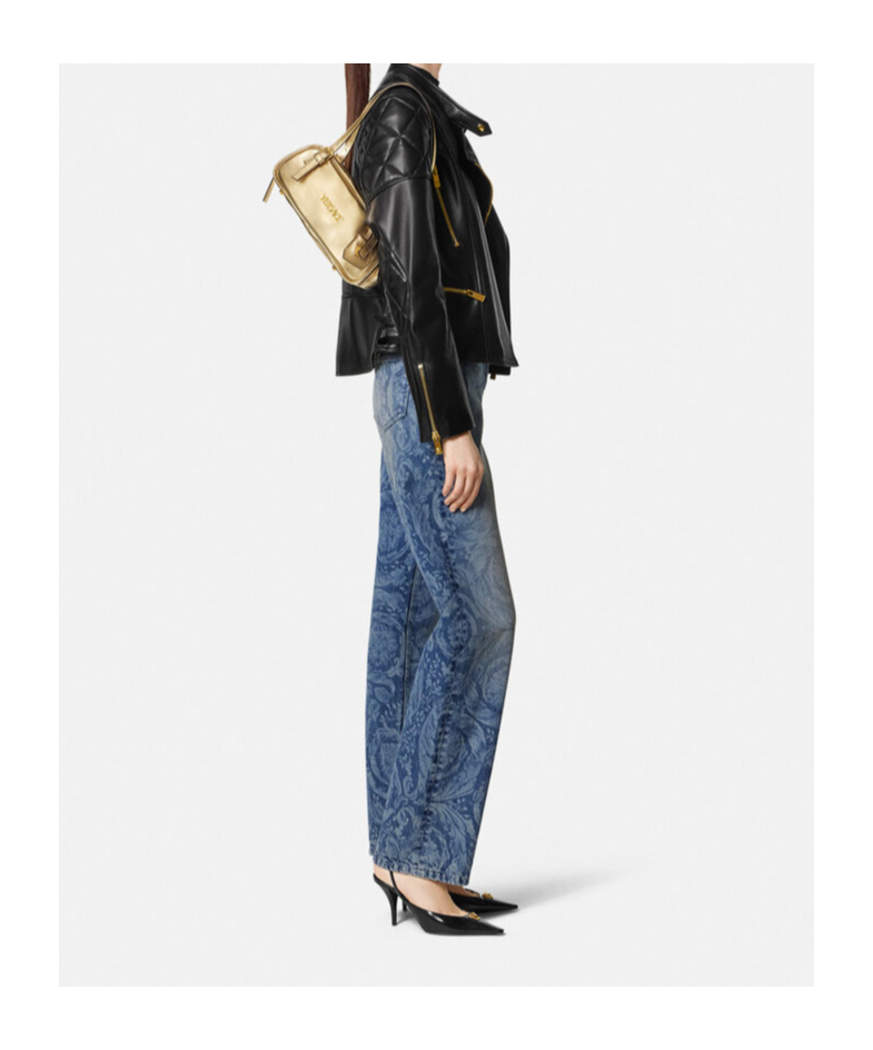 Versace Tag Bowling Metallic Shoulder Bag In Brown