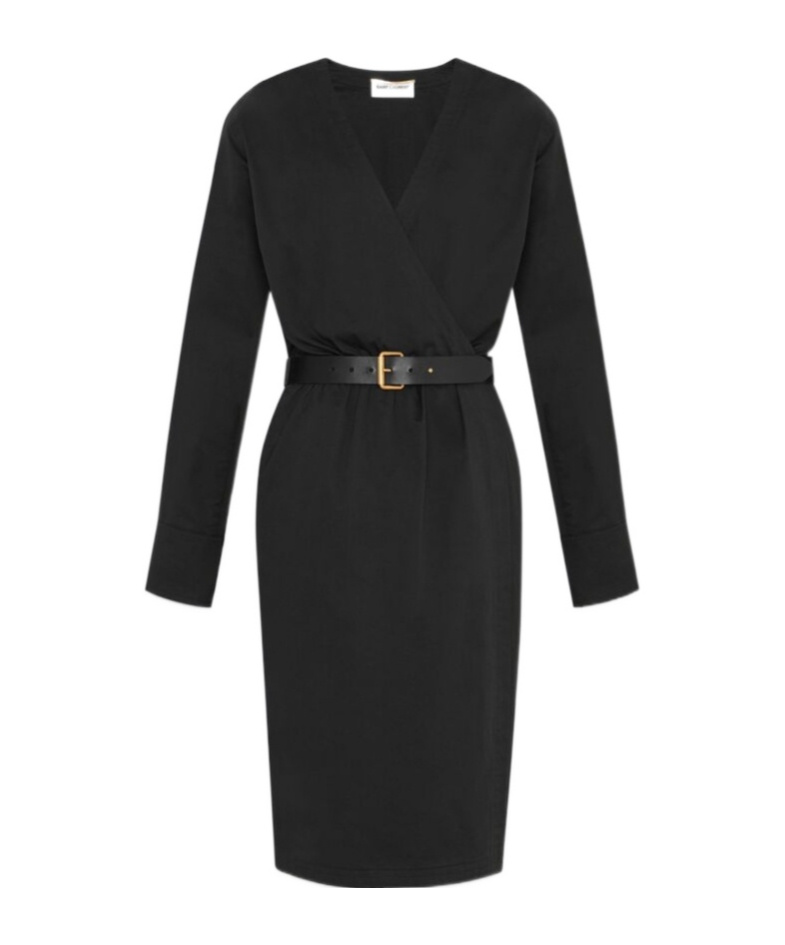 Saint Laurent Belted Wrap Midi Dress In Black