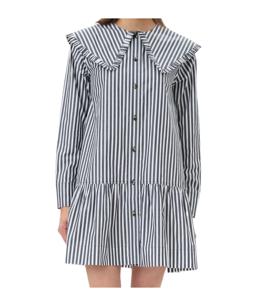 Shop Ganni Black And White Stripe Mini Shirt Dress In Gray