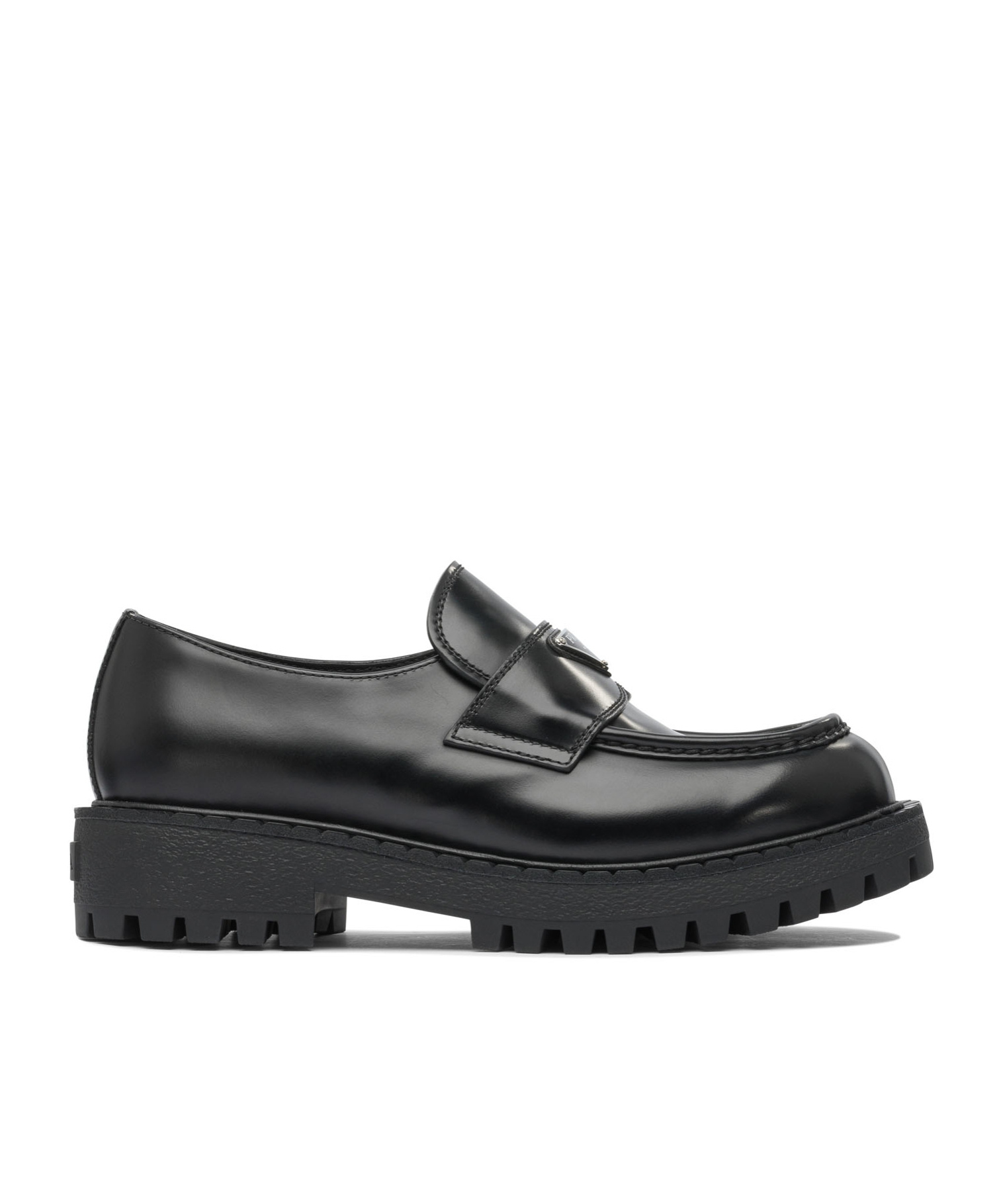 Prada Polished Black Leather Loafers With Chunky Rubber Sole