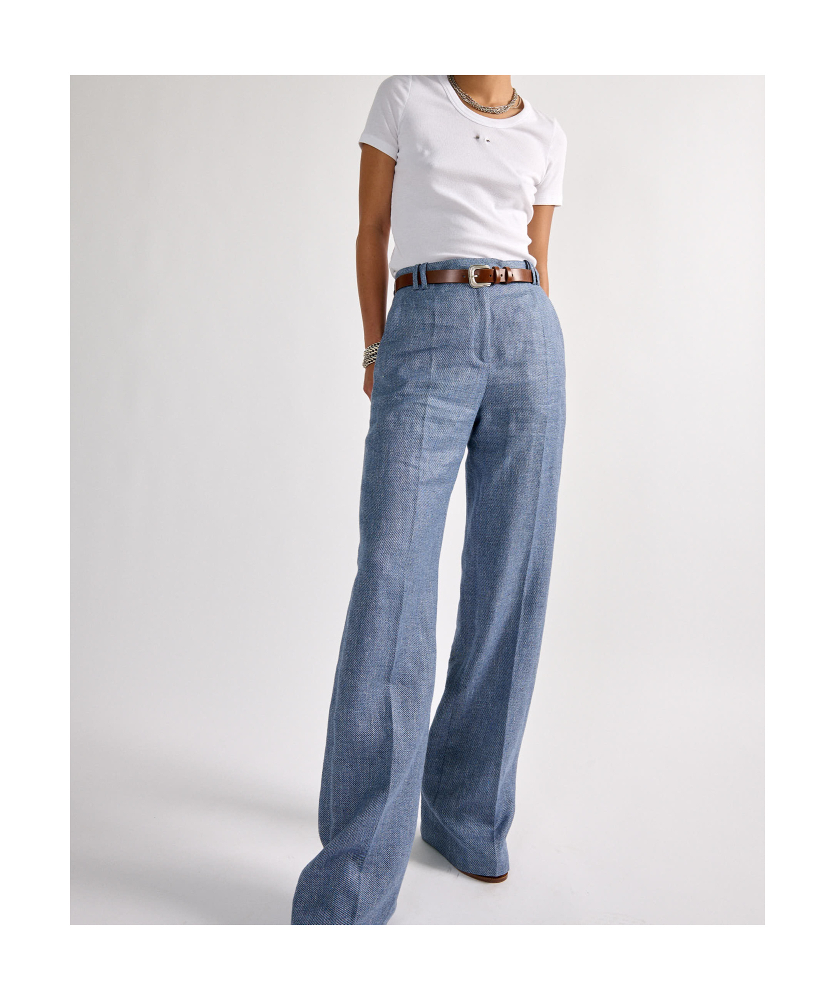 Barbara Bui Blue Washed Linen And Cotton Denim Straight-leg Trousers In Blue