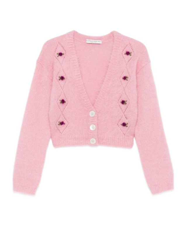 Alessandra Rich Rose-embroidered Button Cardigan In Pink