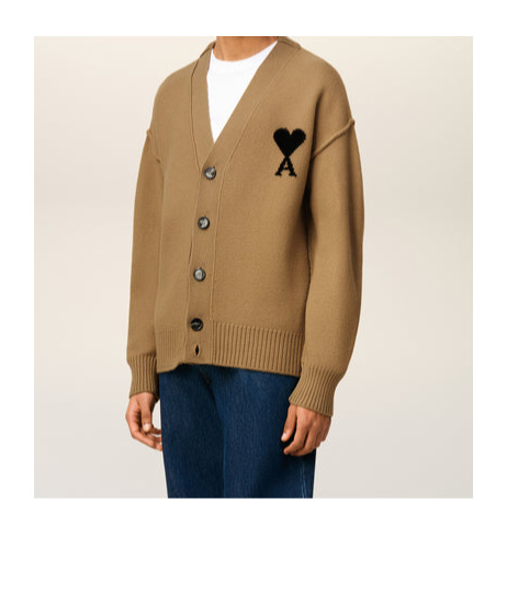 Ami Alexandre Mattiussi Ami Felted Merino Wool Cardigan With Inlaid Heart Motif In Brown