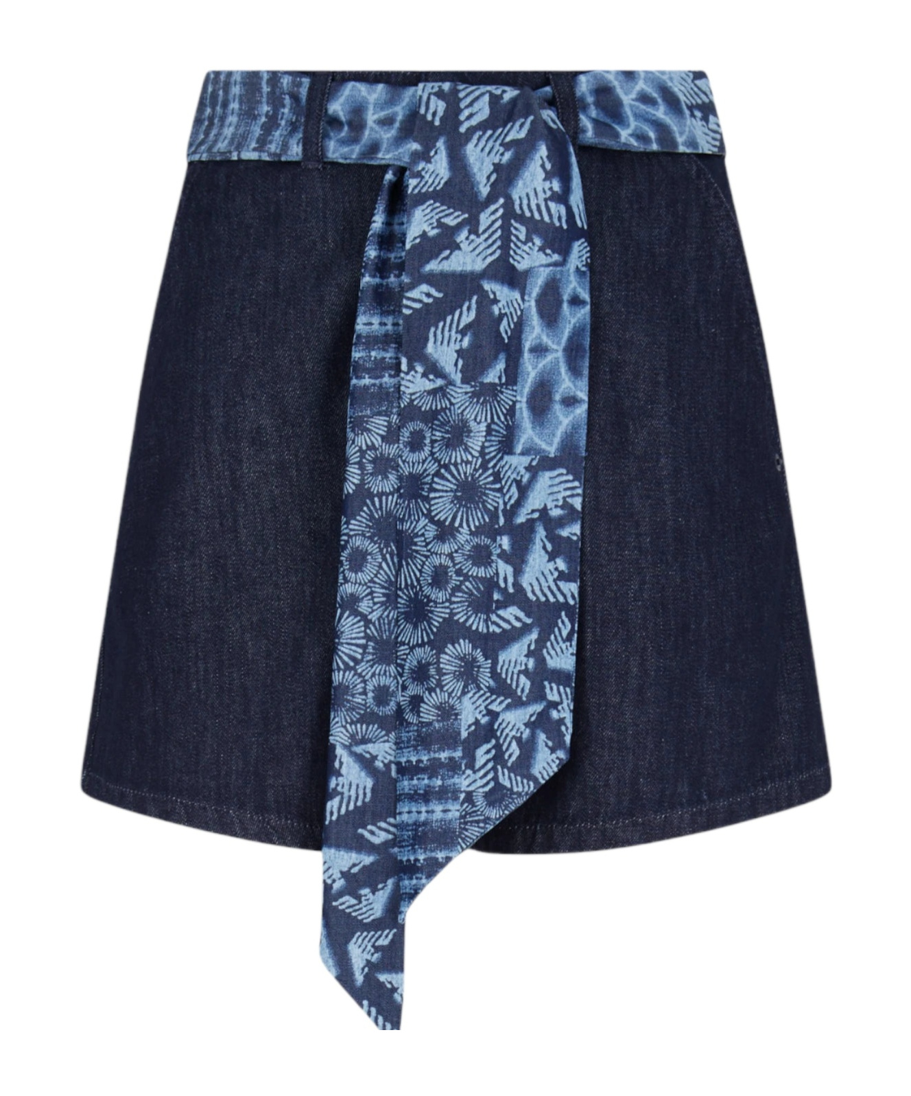 Emporio Armani J77 High-rise Denim Shorts With A Printed Sash In Blue