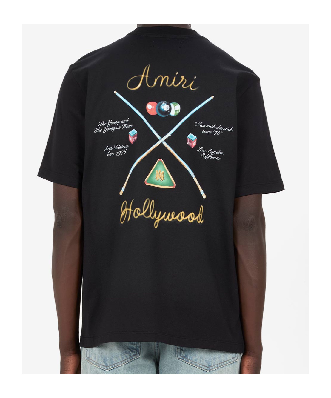 Amiri Pool Cue Black Crewneck T-shirt With Logo Detail On The Front And Maxi Logo Print On The Rear In Cot In Black