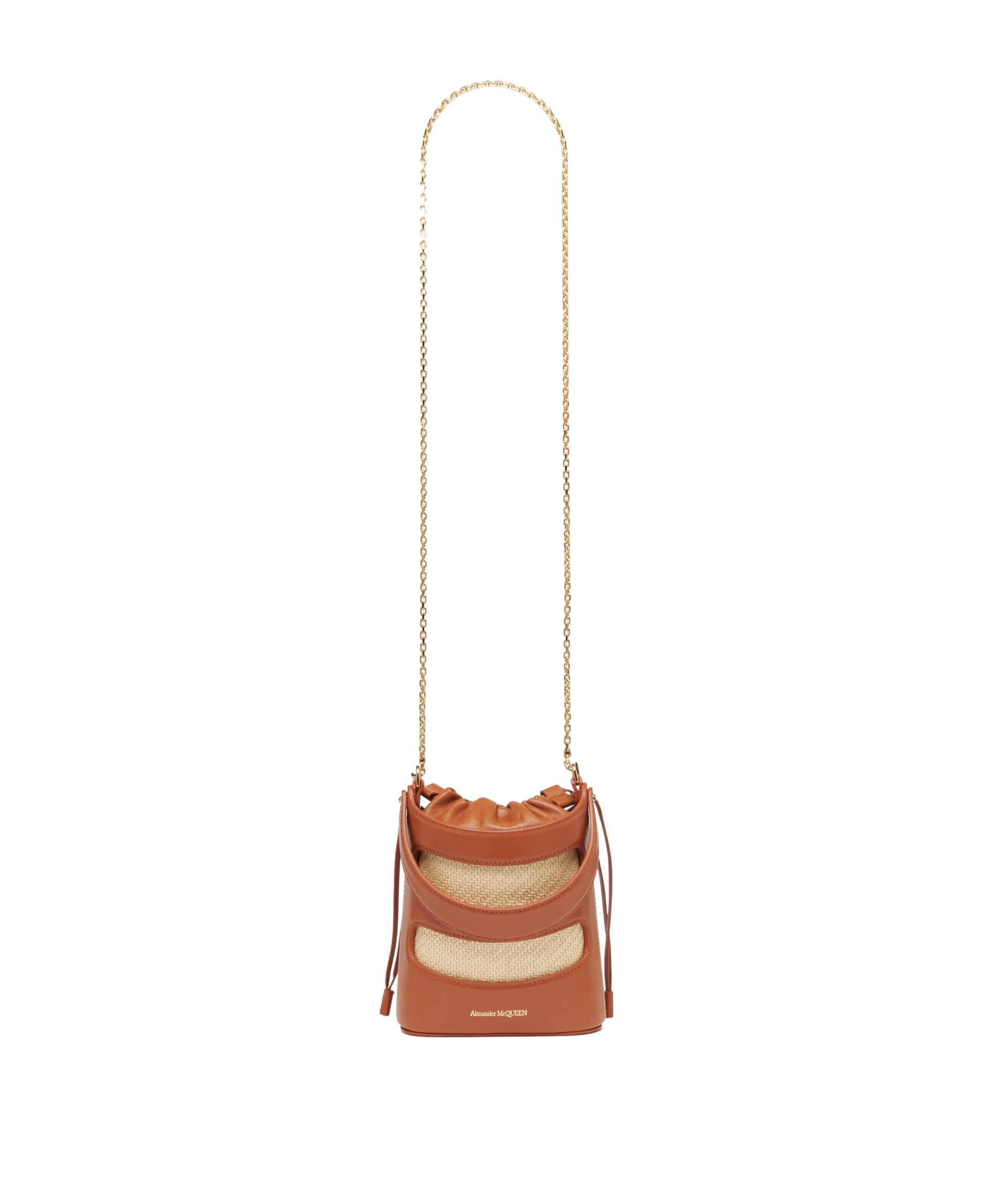 Alexander Mcqueen Women Two-tone Leather And Raffia Mini The Rise Bucket Bag In Brown