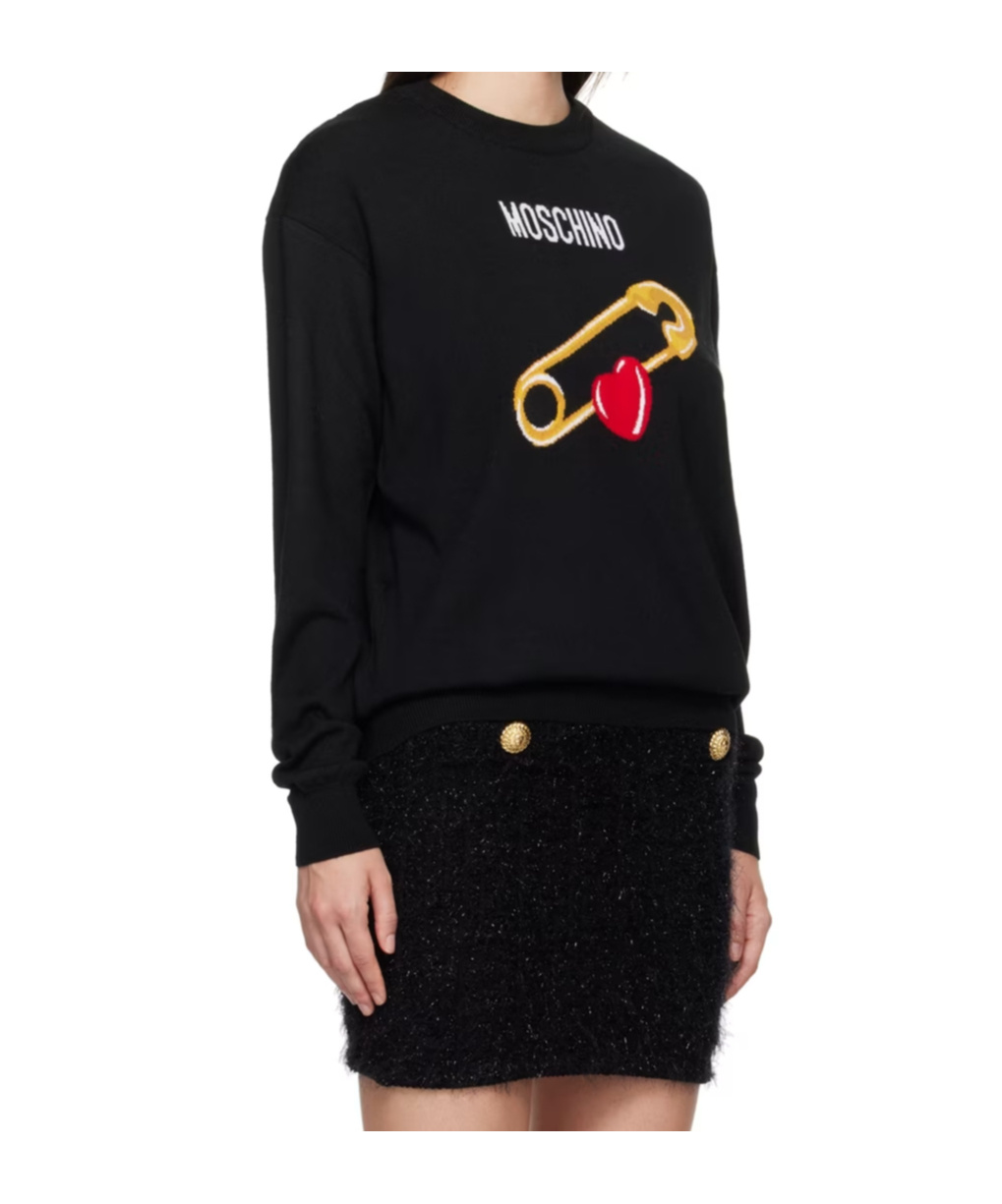 Moschino Black Intarsia Heart Safety Pin Sweater In Black