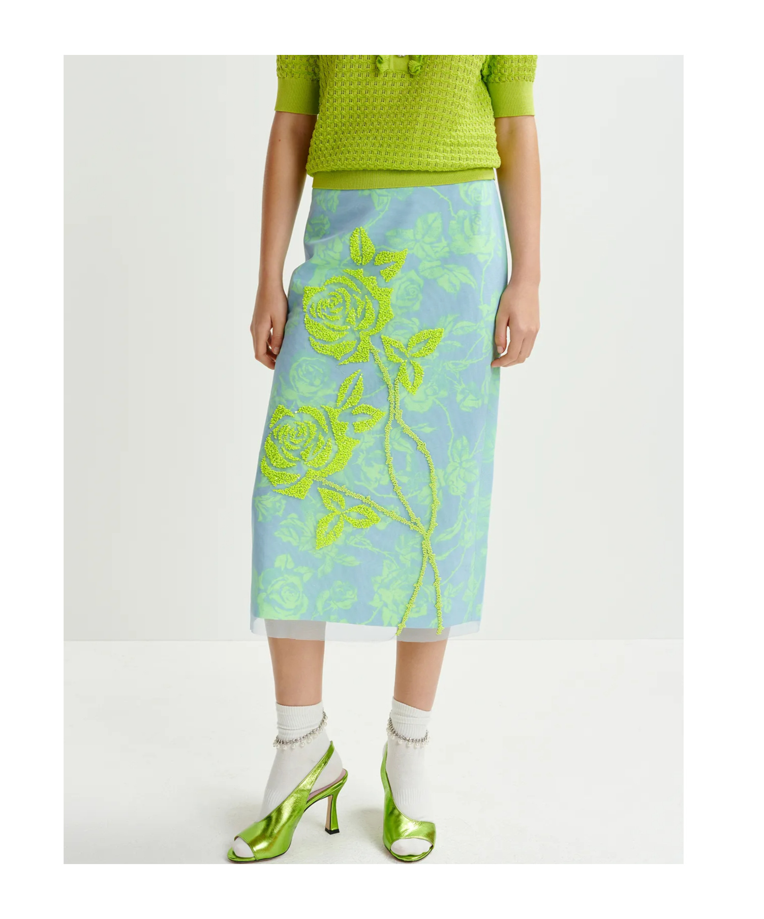Essentiel Antwerp Light Blue And Mint Green Tule Midi Skirt With Sequin Floral Embroideries In Green