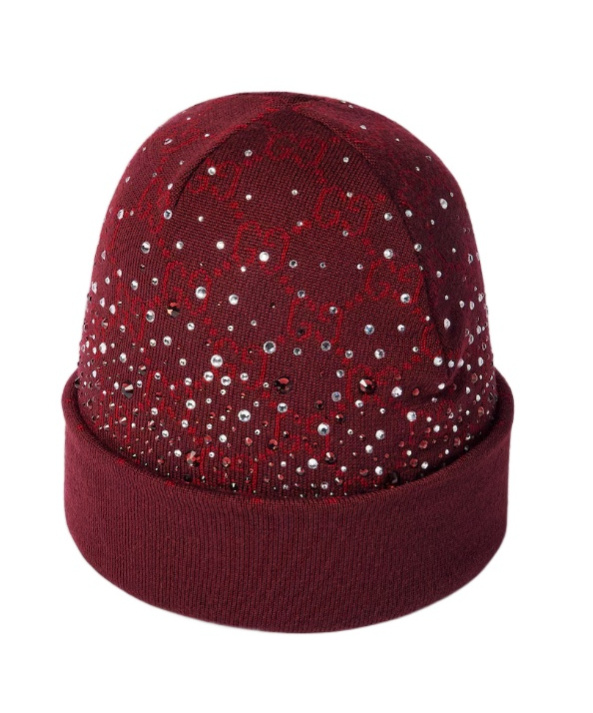 Gucci Gg Wool Beanie Hat With Crystals In Burgundy