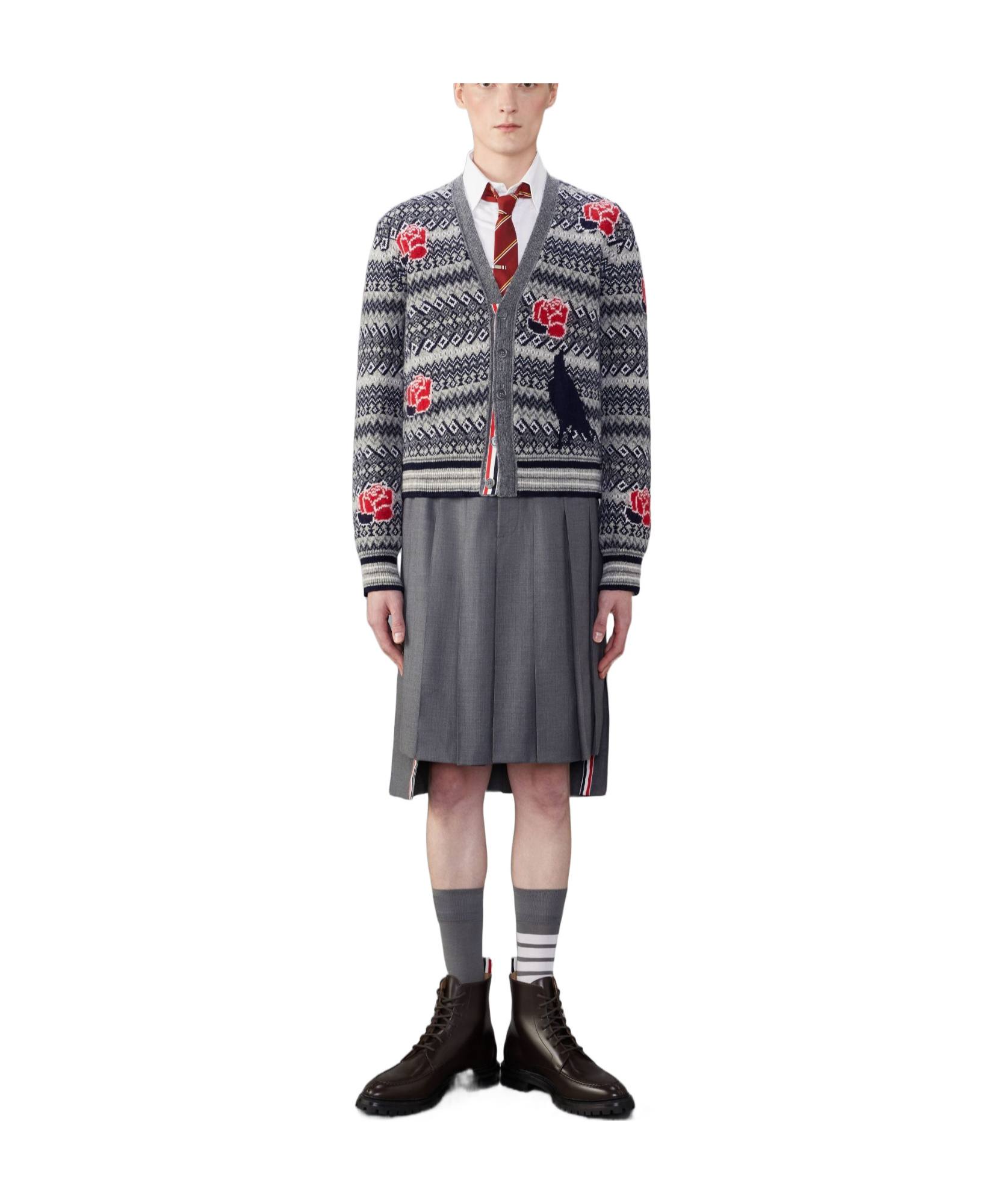 Shop Thom Browne Intarsia-knit Wool-blend Cardigan In Gray