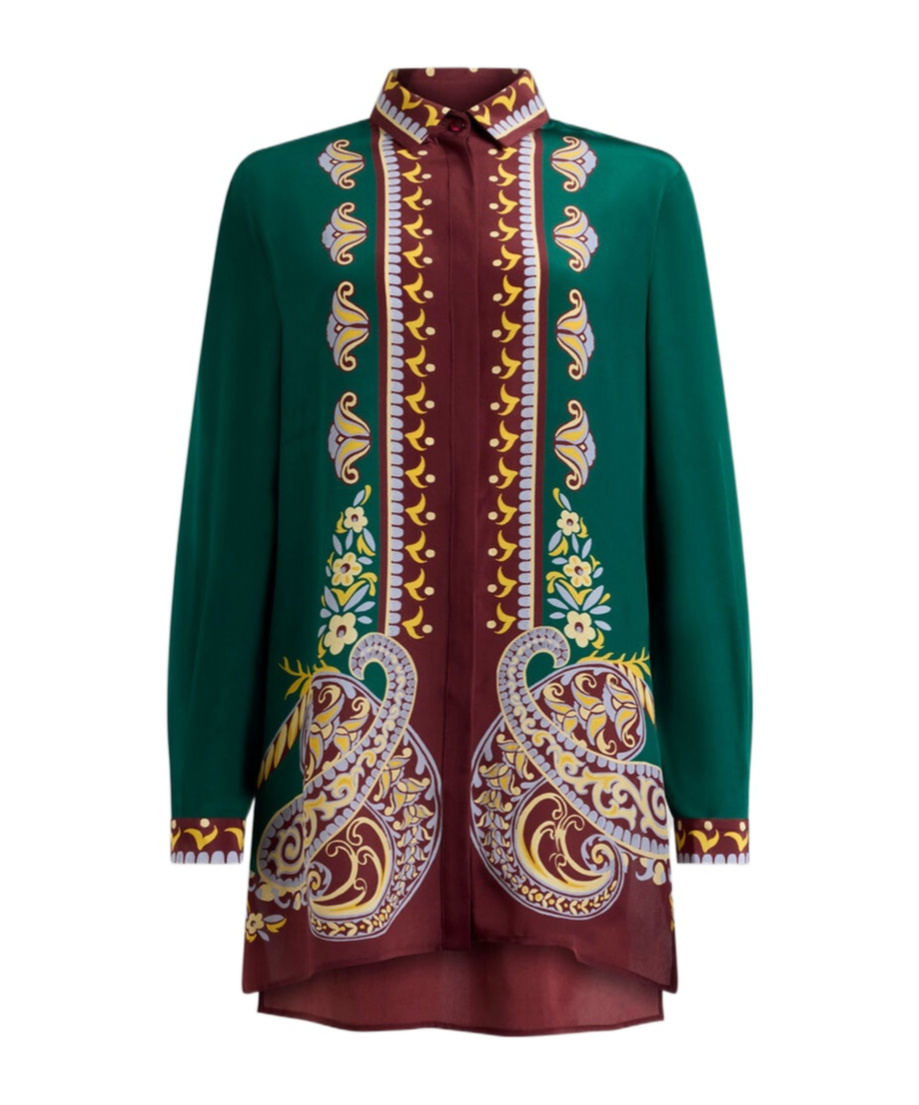 Etro Long Silk Shirt With Placed Print In Green