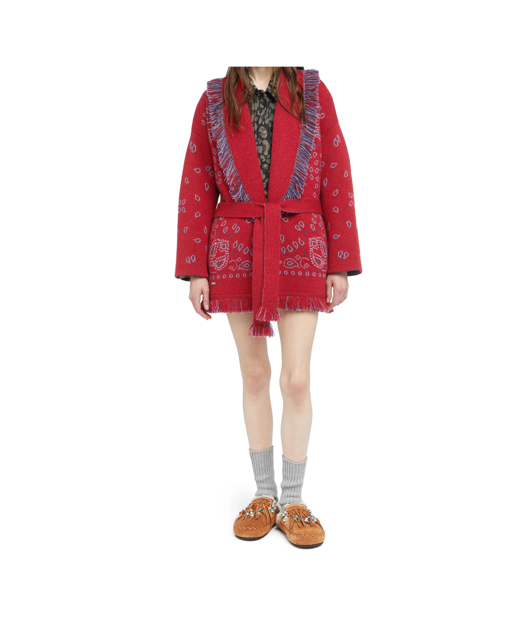 Alanui Bandana-jacquard Fringe Cardigan In Red