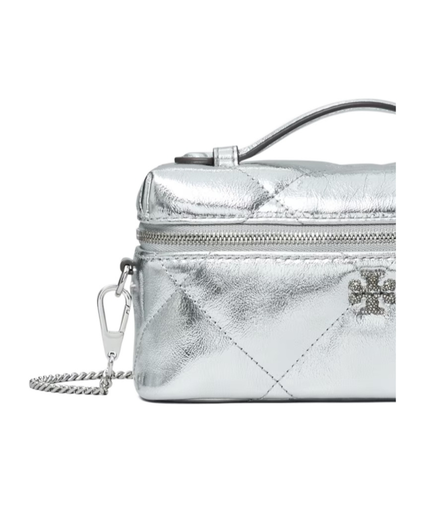 Tory Burch Kira Diamond Quilted East West Crossbody Bag In Silver