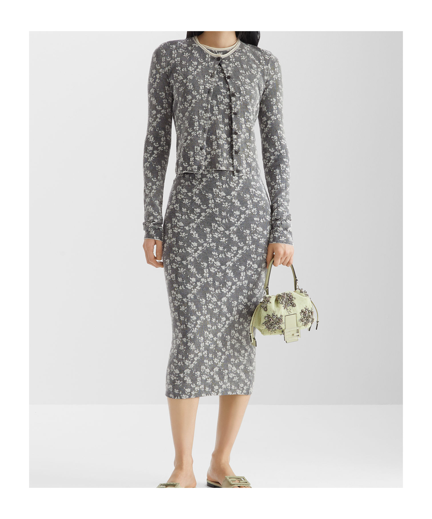 Fendi Mamma Baguette Small Sage Green Flower Bouquet Embroidered Mini-bag In Gray-green
