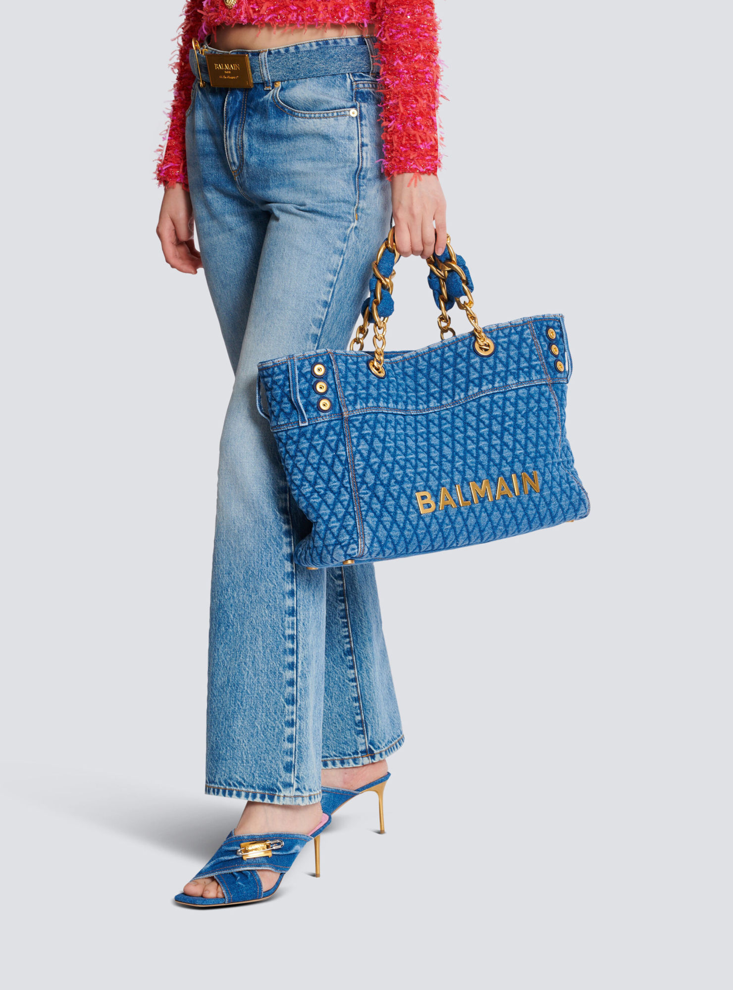 Balmain 1945 Soft Tote Bag In Diamond-quilted Denim In Blue