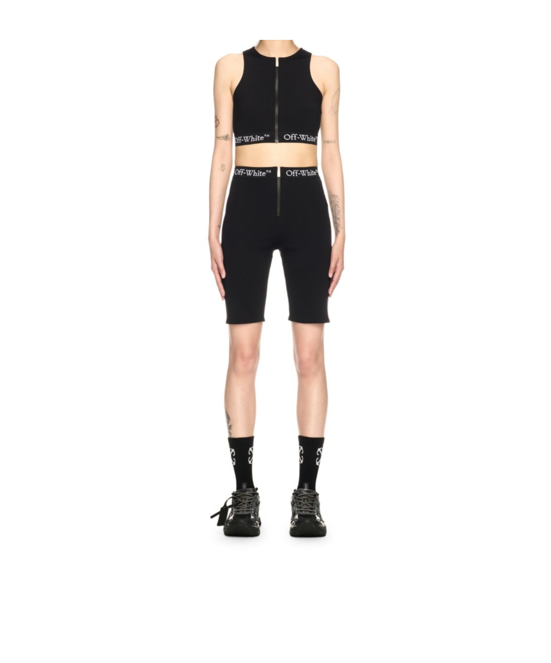 Off-white Fitted Black Top With Front Zip And Logo Underband In Black